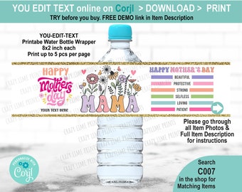 EDITABLE Mother's Day Water Bottle Label Template. Printable Floral Mama Party Favors Wrapper. Printable Digital File Mothers Day C007