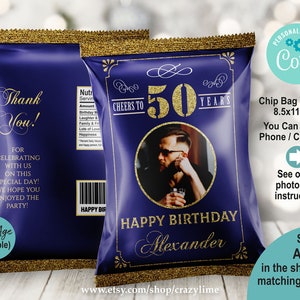 EDITABLE Cheers to 50 Years Adult 50th Birthday Chip Bag Wrapper. Blue and Gold Snack Bag Party Favor. Printable Digital Template. AB126