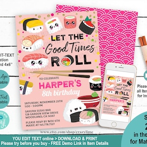 EDITABLE Sushi Party Invitation. Kids Girl Birthday Party Invite Template. Pink Cute Sushi Kawaii Cartoon. Personalised Download DIY. 2013