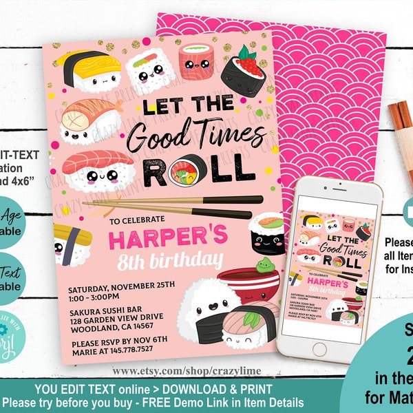 EDITABLE Sushi Party Invitation. Kids Girl Birthday Party Invite Template. Pink Cute Sushi Kawaii Cartoon. Personalised Download DIY. 2013
