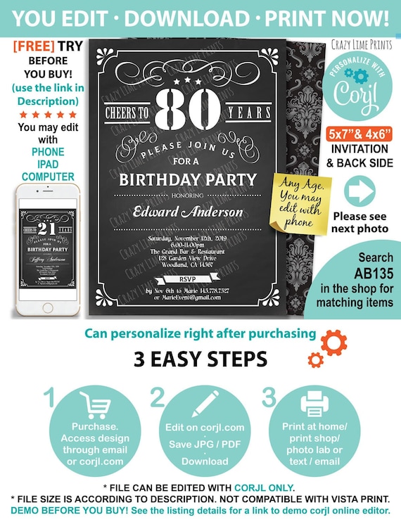 80th Birthday chalkboard invitation. Cheers to 80 year. | Etsy