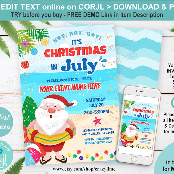 Editable Christmas in July Invitation. Beach Santa Summer Party Invite Template. Tropical Fun. You Edit Online w/ Corjl. S044