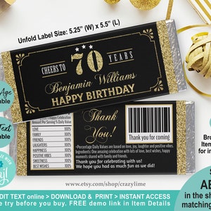 EDITABLE 70th Birthday Chocolate Candy Bar Wrapper Personalised Template. Printable Man Adult Birthday Party Favor Label. Edit w Corjl AB126