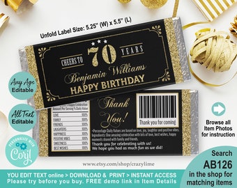 EDITABLE 70th Birthday Chocolate Candy Bar Wrapper Personalised Template. Printable Man Adult Birthday Party Favor Label. Edit w Corjl AB126