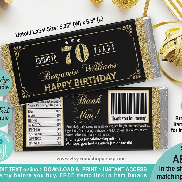 EDITABLE 70th Birthday Chocolate Candy Bar Wrapper Personalised Template. Printable Man Adult Birthday Party Favor Label. Edit w Corjl AB126