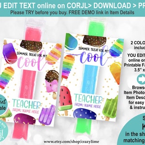 EDITABLE Popsicle Gift Tag. End of School Year Summer Freeze Pop Holder. Ice Pop Card Personalised School Teacher Appreciation Label K024