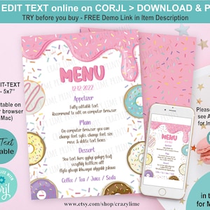 EDITABLE Donut Sweet Party Menu 5x7 inch. Kids Girl Birthday Template. Pink Cute Pastel Rainbow Sprinkle Personalised Table Setting 2039