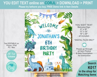 Editable Dinosaur Birthday Party Welcome Sign. Boy Cute Dino T-Rex Birthday Party Poster Decoration. Any Age. Digital Printable File K017