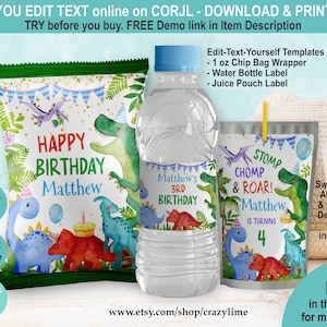 EDITABLE Dinosaur Birthday Party Favor Bundle Set of 3 Templates. Any Age Boy Kid Chip Bag Juice Water Bottle Wrapper Treat Gift Label K133