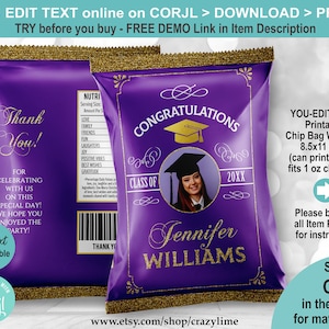 EDITABLE Class of 2025 Graduation Chip Bag Wrapper with Photo. Purple and Gold Personalised Name Printable Crisp Snack Treat Label G126