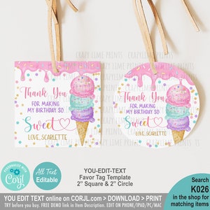 EDITABLE Icecream Thank You Tag. Ice cream Birthday Party Favor Label. Printable 2 inch Square and Circle Sticker Template. Pink Girl K026