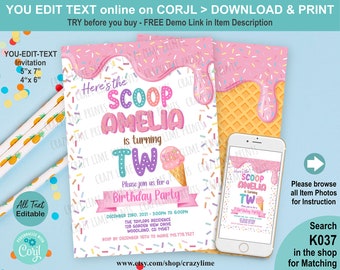 Editable Ice cream Girl 2nd Birthday Party Invitation Template. Here's the Scoop Invite. Pink Drip Sprinkles Ice-cream Digital File K037