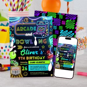 May include: A neon-themed arcade and bowling birthday invitation for Oliver's 9th birthday on September 26th at 3:00-6:00 PM at The Thunder Arcade, 123 Garden View Drive, Happy Valley, CA 12345, displayed on a printed card and a smartphone screen.