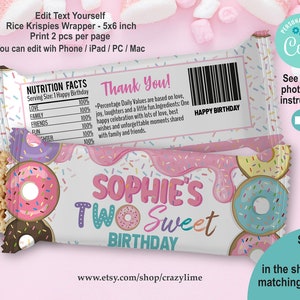 Donut Two Sweet Rice Snack Krispie Wrapper Template. EDITABLE Treat Label. Personalised Printable Donut 2nd Birthday Party Favor Pastel 2039