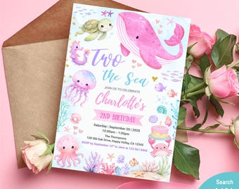 Under the Sea Girl 2nd Birthday Invitation | Pastel Pink Whale TWO the Sea Invite (Digital Download) A101