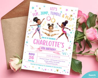 Gymnastics Birthday Party Invitation | Pastel Pink & Gold Girl Invite (Digital Download) K166