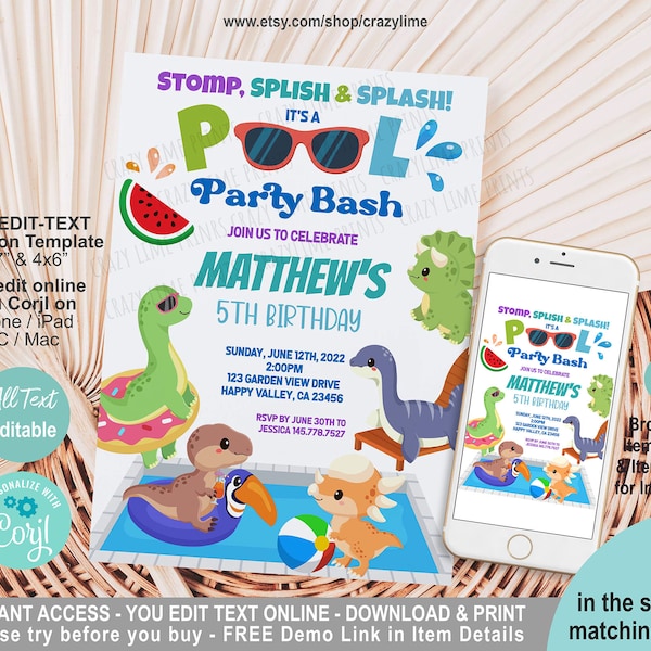 Dinosaur Pool Party Birthday Invitation. Editable Summer Party Invite Template. Cute Dino Boy Kid Splish Splash Bash. Digital Corjl S016