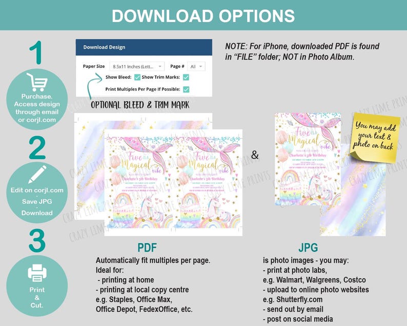 May include: A digital download graphic with instructions for purchasing, editing, and printing a birthday party invitation. The invitation features a unicorn, rainbow, and the text "Five is Magical". The download options include PDF and JPG formats.