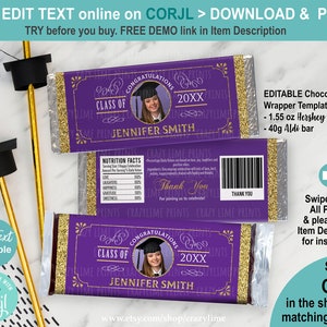 EDITABLE Graduation Class of 2025 Photo Chocolate Candy Bar Wrapper Personalised Name Template. Purple & Gold Party Favor Treat Goody G126