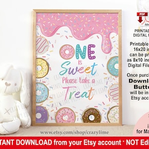 Letrero de mesa &quot;One Is Sweet Please Take A Treat&quot;. Letrero de dona para fiesta de primer cumpleaños. Decoración de dona pastel para fiesta. Letrero de mesa con chispas. 2039
