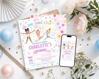 Gymnastics Birthday Party Invitation | Watercolor Pastel Pink Purple Turquoise (Digital Printable Download) K166