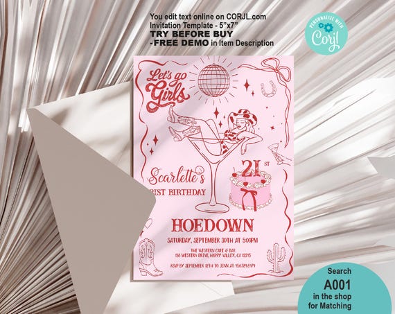 EDITABLE Cowgirl Birthday Hoedown Party Invitation. Any Age. Wild Western Disco Dance 21st Party Invite Pink Coquette Retro Download A001