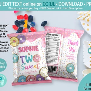 May include: A printable candy wrapper with a donut theme, featuring the text "SOPHIE is TWO Sweet". The wrapper includes editable text and fits 0.9 oz fruit snacks. The design has a pink and pastel color scheme.