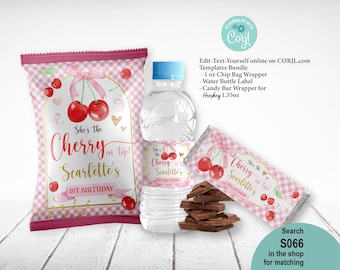 EDITABLE Cherry On Top Birthday Party Favors Bundle Set of 3 Templates. Printable Pink Gold Chip Bag Chocolate Water Treat Snack Label S066