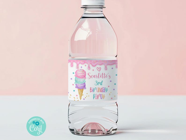 EDITABLE Ice Cream Birthday Party Water Bottle Label Template. Any Age ...