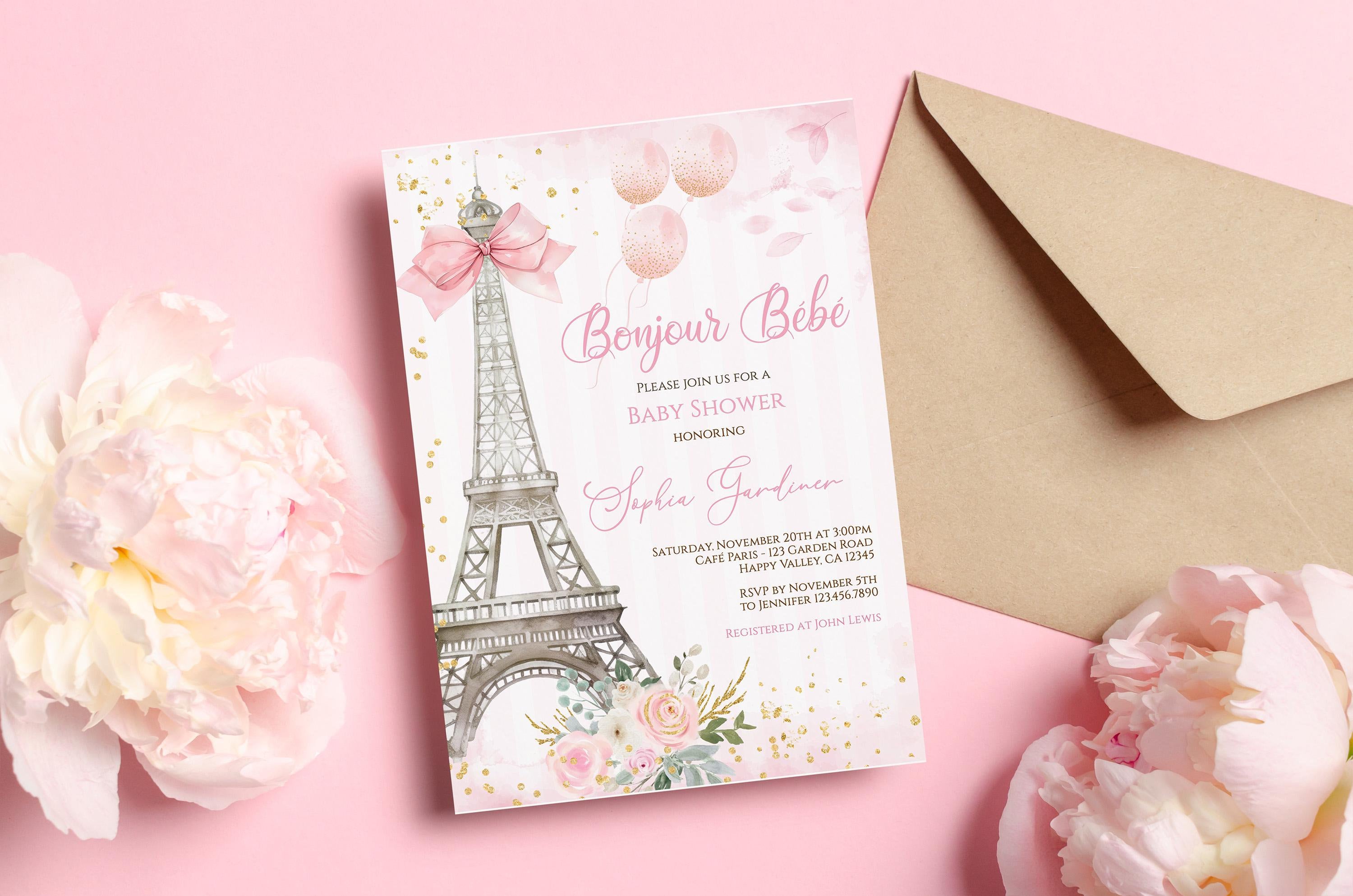 Bonjour Bebe Baby Shower Invitation. Paris Pink Girl Baby Shower Invite ...