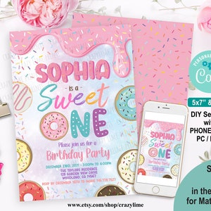 Editable Donut Sweet One Birthday Party Invitation Template. Printable Digital Baby Girl 1st Birthday Invite. Pastel Rainbow Sprinkle. 2039