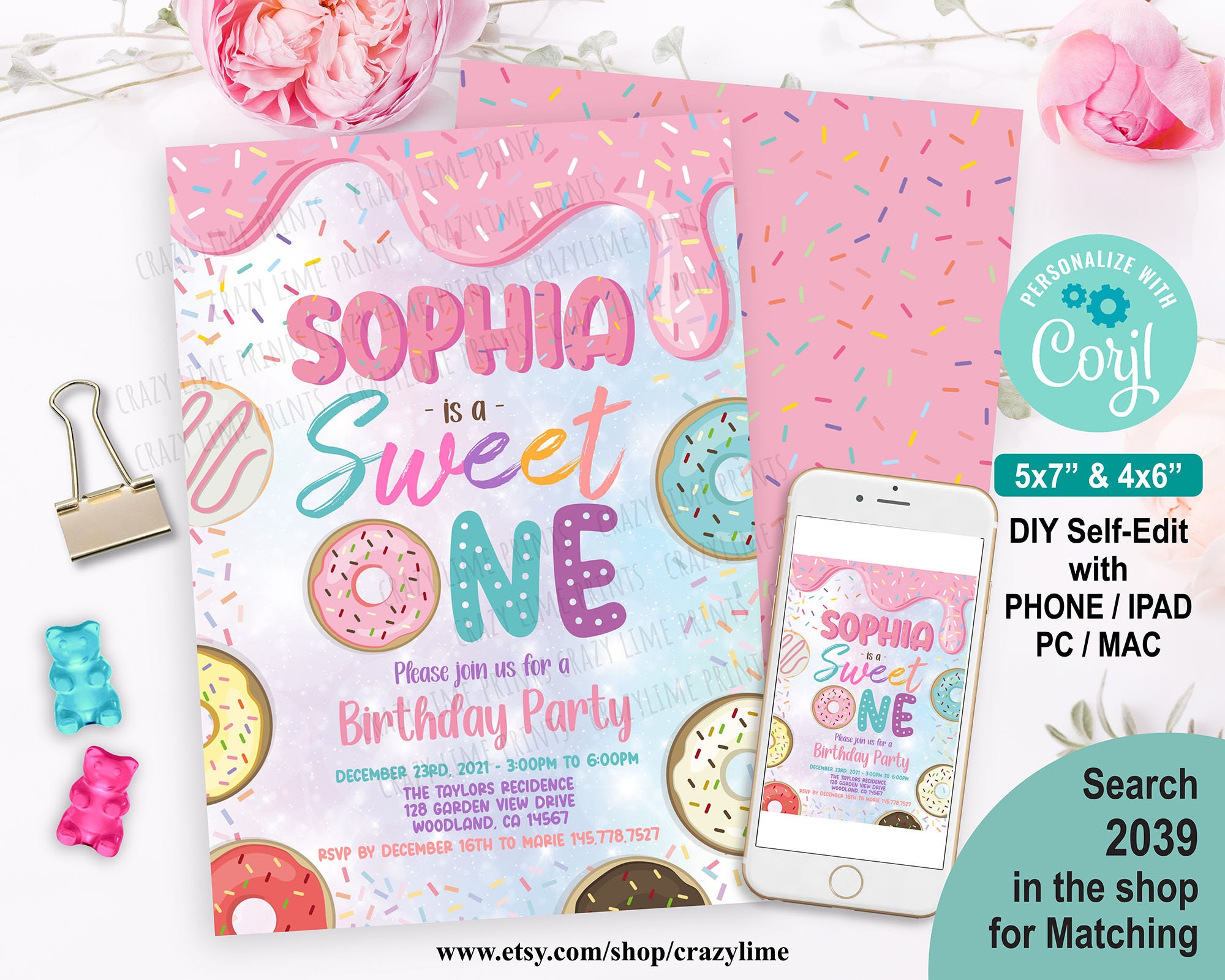 Editable Donut Sweet One Birthday Party Invitation Template. Printable Digital Baby Girl 1st Birthday Invite. Pastel Rainbow Sprinkle. 2039