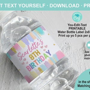 EDITABLE Pastel Art Party Birthday Water Bottle Label Template. Printable Pink Girl Painting Party Favor. Personalised Table Decor K011