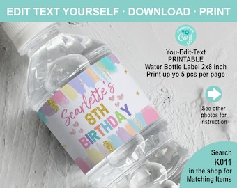 EDITABLE Pastel Art Party Birthday Water Bottle Label Template. Printable Pink Girl Painting Party Favor. Personalised Table Decor K011