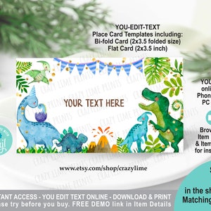 EDITABLE Dinosaur Place Card Template. Printable Cute Dino Food Buffet Tent Card. Guest Name Table Card. Watercolor T-rex. Edit w Corjl K017