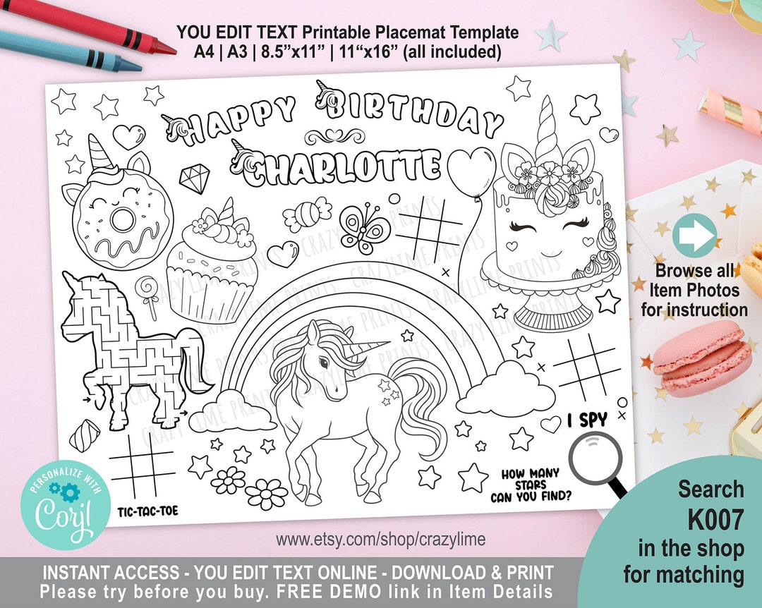 EDITABLE Unicorn Placemat. Personalised Birthday Party Coloring & Game ...