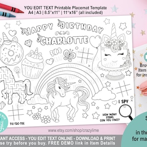 EDITABLE Unicorn Placemat. Personalised Birthday Party Coloring & Game Table Decoration. Kid Girl Favors. Printable Digital File. Corjl K007