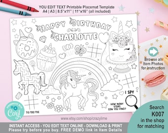 EDITABLE Unicorn Placemat. Personalised Birthday Party Coloring & Game Table Decoration. Kid Girl Favors. Printable Digital File. Corjl K007