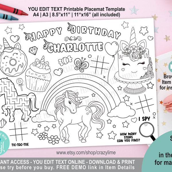 EDITABLE Unicorn Placemat. Personalised Birthday Party Coloring & Game Table Decoration. Kid Girl Favors. Printable Digital File. Corjl K007