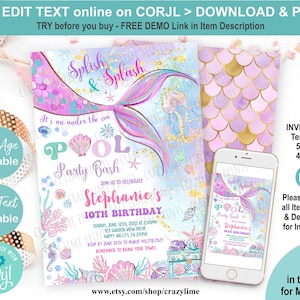 Editable Mermaid Pool Party Bash Birthday Invitation. Splish Splash Hot Pink Purple Tail Invite. Printable Template Instant Download S041
