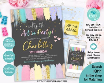 Editable Girl Art Birthday Party Invitation Painting Party Invite Canvas Craft Party Rainbow Pastel Glitter Crayon Brush Evite. Corjl K011