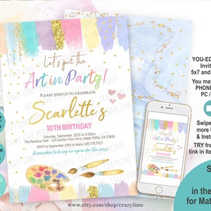 Editable Art Birthday Party Invitation Girl Painting Party Invite Canvas Craft Party Rainbow Pastel Glitter Crayon Brush Invite. Corjl K011