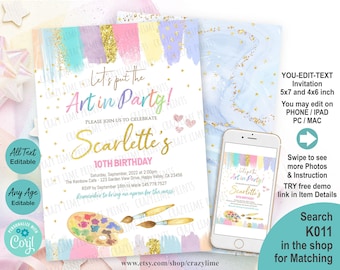 Editable Art Birthday Party Invitation Girl Painting Party Invite Canvas Craft Party Rainbow Pastel Glitter Crayon Brush Invite. Corjl K011