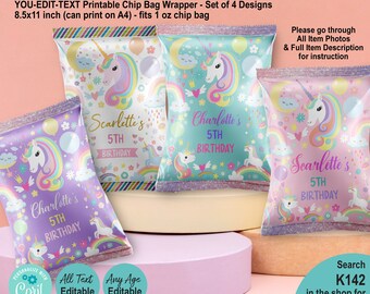 May include: Set of four printable chip bag wrappers featuring a unicorn theme. The wrappers are decorated with rainbows, clouds, stars, and hearts. The text on the wrappers reads "Charlotte's 5th Birthday" and "Scarlette's 5th Birthday".