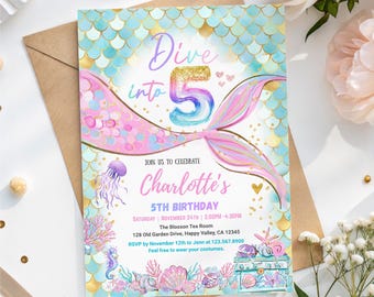 Mermaid 5th Birthday Invitation | Pastel Under The Sea Girl Party Invite | Dive into Five (Digital Download) CS064