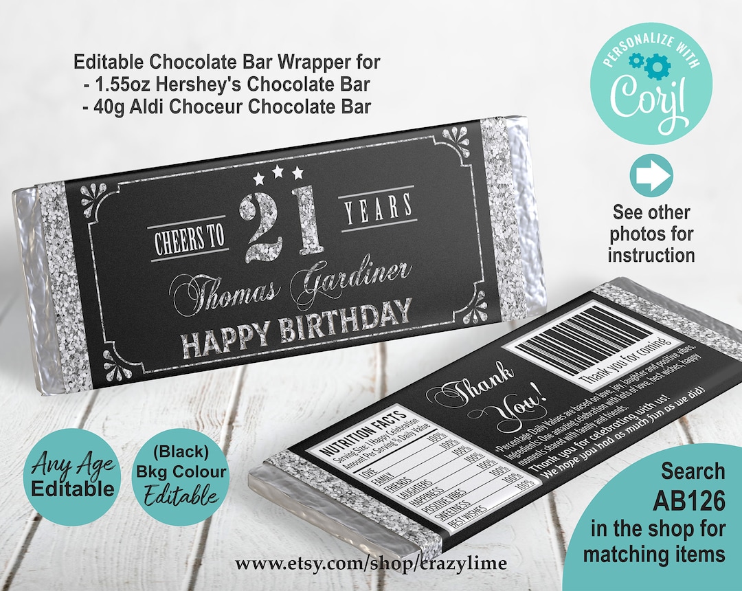 EDITABLE 21st Birthday Chocolate Candy Bar Wrapper Personalised ...