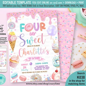 Editable Fourever Sweet 4th Birthday Party Invitation Template. Pastel Pink Donut Icecream Cupcake Candy Invite. Printable Digital Pink K038
