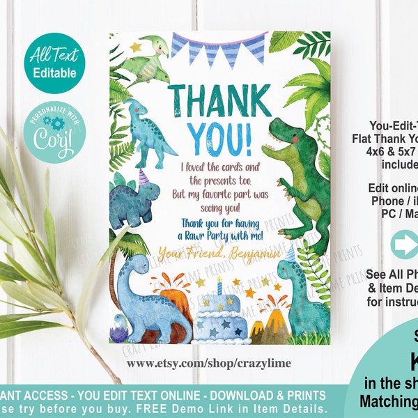 EDITABLE Dinosaur Thank You Card Template. 4x6 and 5x7 inch Flat Card. Cute Watercolor Dino Boy Kid Birthday Party. Printable Corjl K017