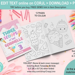 EDITABLE Icecream Three Scoops of Fun 3rd Birthday Party Coloring Book. 8.5 x 11 inch (5.5 x 8.5 inch after folding) Activity Booklet K037