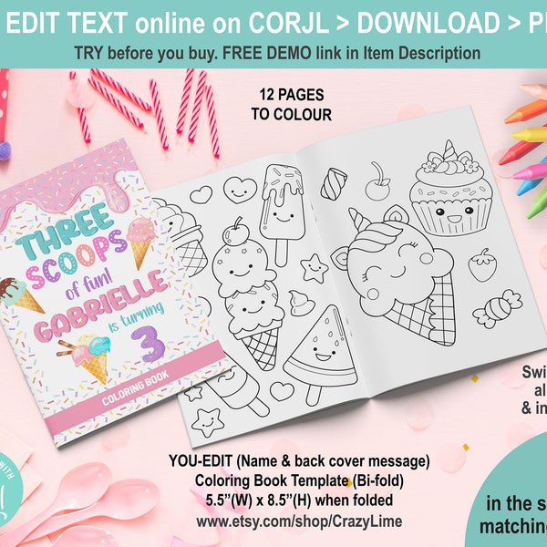 EDITABLE Icecream Three Scoops of Fun 3rd Birthday Party Coloring Book. 8.5 x 11 inch (5.5 x 8.5 inch after folding) Activity Booklet K037